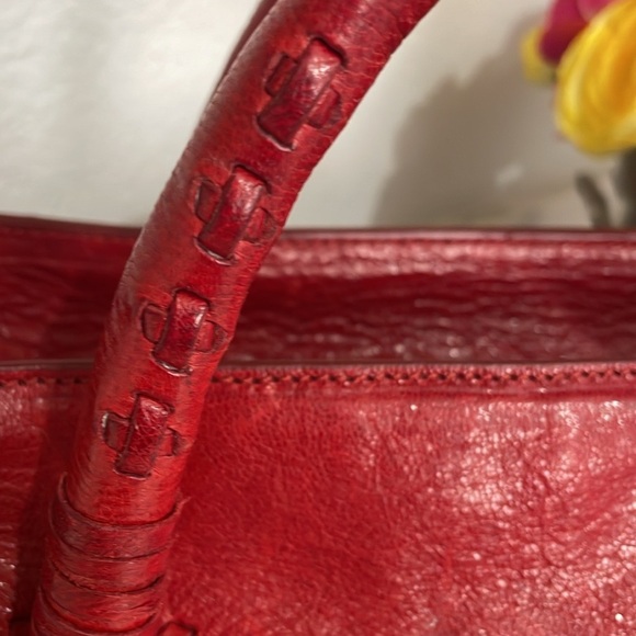 Rebecca Minkoff Red Leather Handbag w/cool leather Stitching royal blue lining - Picture 3 of 16